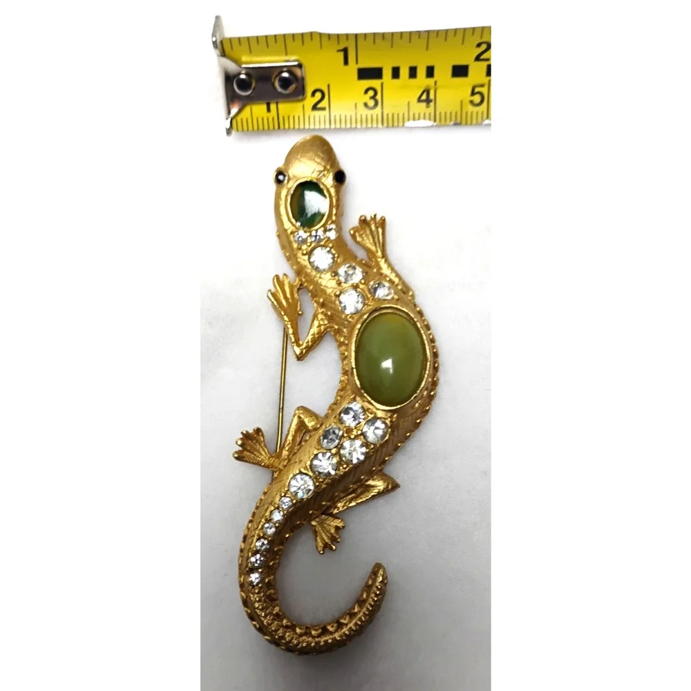 Large Lizard Gecko Brooch Pin Faux Jade Cabochon Rhinestone Gold Tone